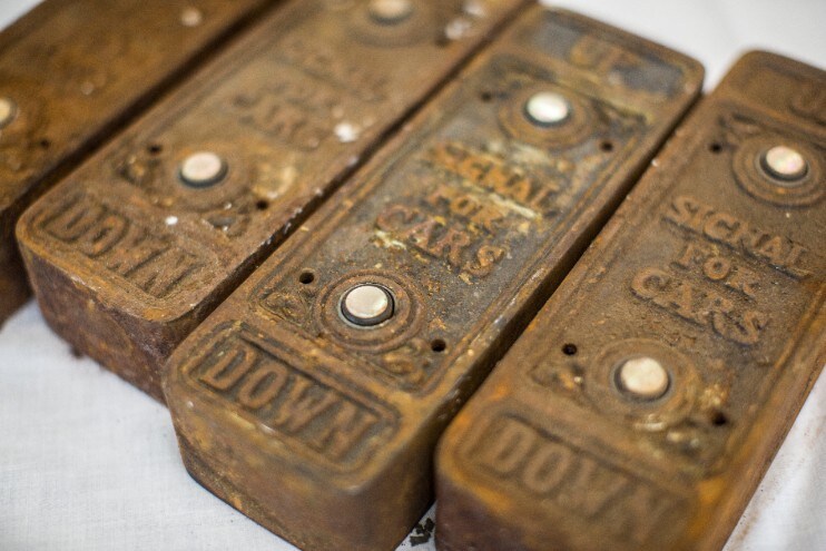 Michigan Central Station Artifacts Ford is creating a new exhibit to give the public an opportunity to see this growing collection of Michigan Central Station artifacts. Cast iron elevator buttons pictured.