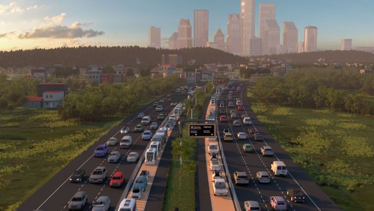 artist rendition of highway with land for self driving vehilces