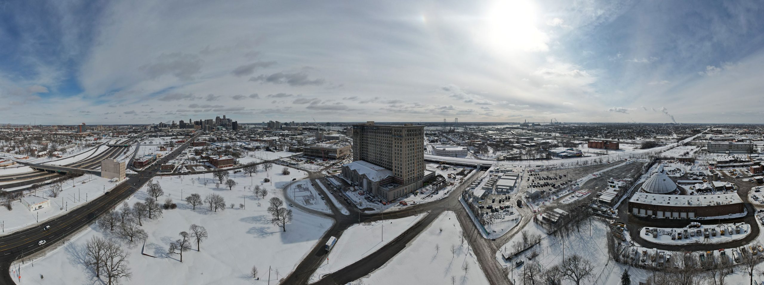 ariel view of Michigan Central Station and surrounding community